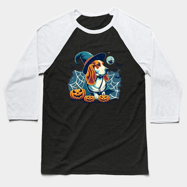 Basset Hound Pumpkin Baseball T-Shirt by BukovskyART